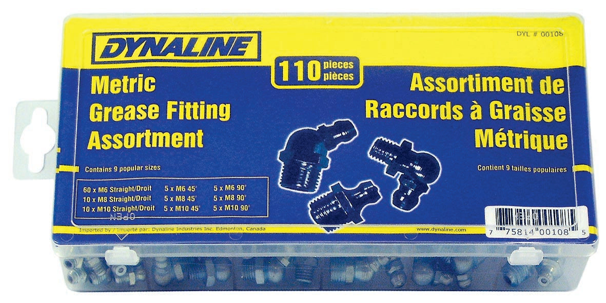 Dynaline 00108 Metric Grease Fitting Assort, 110 Pieces / 9 Sizes