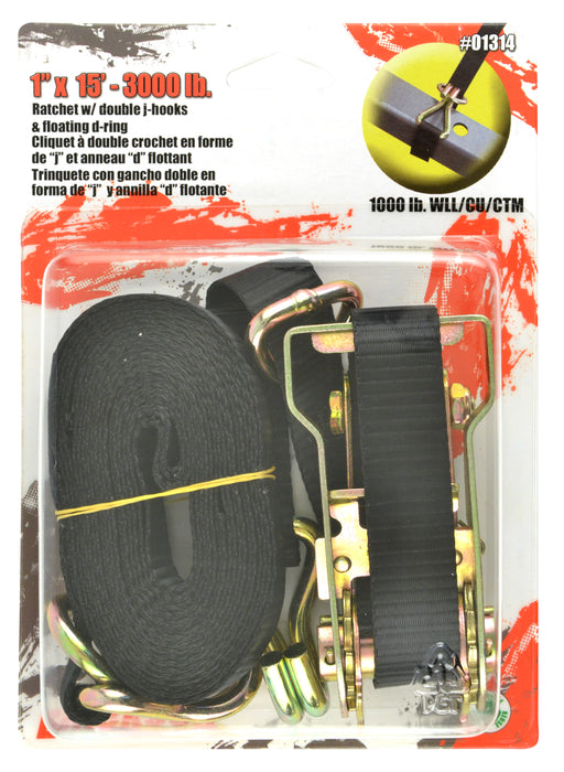 Erickson (447) 01314 1"x15' 3000 lb Ratchet Strap Dbl J Hks w/ Floating Ring Black