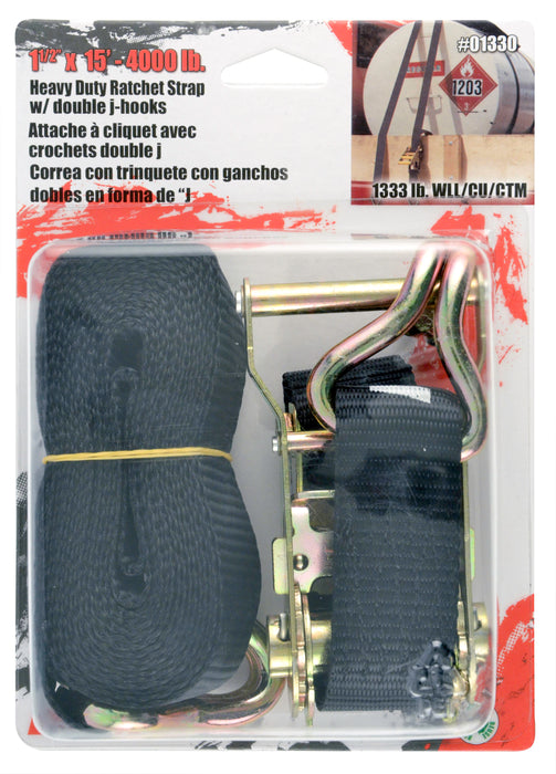 Erickson 01330 1 1/2"x15' 4000 lb Ratchet Strap w/ double J hooks