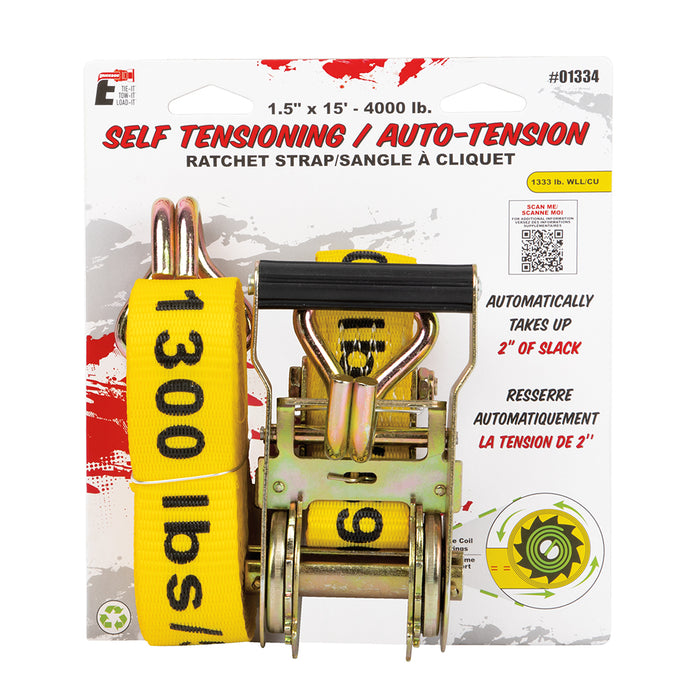 Erickson 01334 1.5IN X 15FT 4000LB SELF TENSIONING RATCHET STRAP W/ DOUBLE J HOOKS