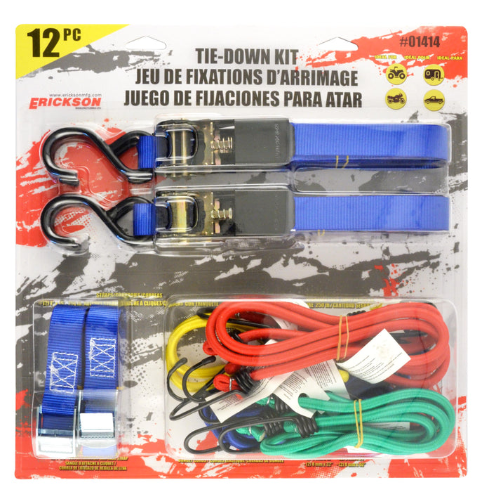 Erickson 01414 12 PC Tie Down Kit (2) Ratchet Straps (2)Lash Straps (8)Assorted Bungee