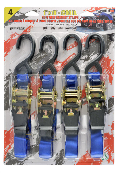 Erickson 01415 4 Pk. 1"x10' 1200 lb Rubber Handle Ratchet Straps