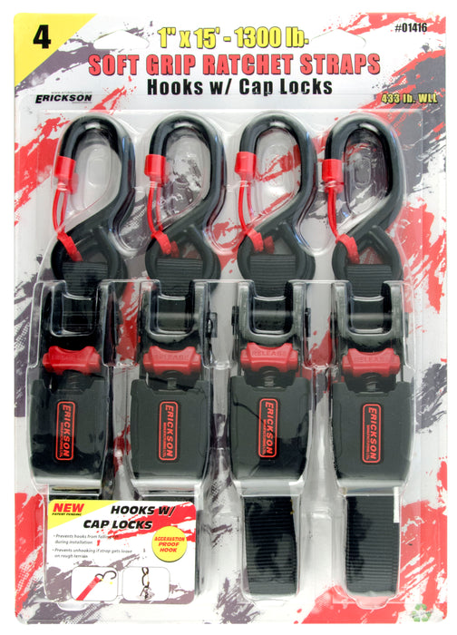 Erickson 01416 4 Pk. 1" x15' 1300 lb Soft Grip Ratchet Strap w/ Cap Locks