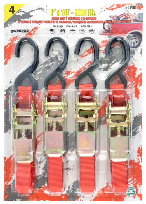Erickson 01418 4 Pk. 1"x10' 900 lb Ratcheting Tie Down Straps RED