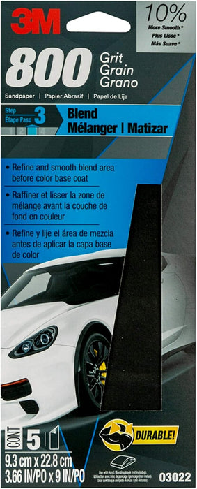 3M 03022NA 3M™ Wetordry™ Sandpaper 03022, 3-2/3 in x 9 in, 800 Grit, 5/Pack, 3M Stock No. 7100280829