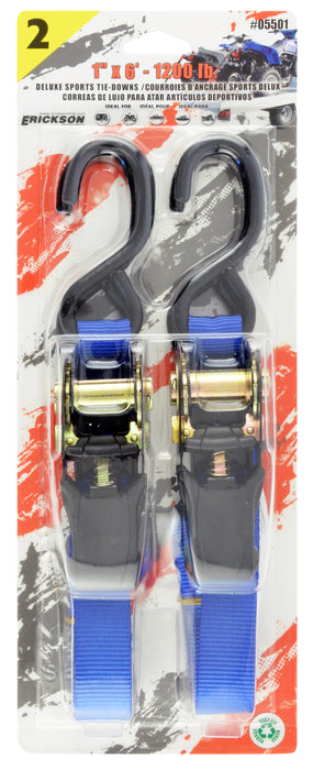Erickson (447) 05501 2 Pk. 1"x6' 1200 lb Motorcycle/ATV Ratchet Strap - Blue.