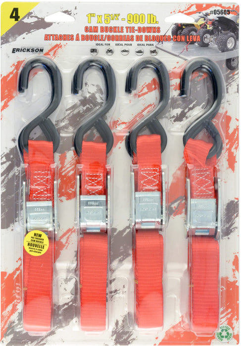 Erickson 05605 4 Pk. 1"x5.5' 900 lb Cam Buckle Tie Down RED