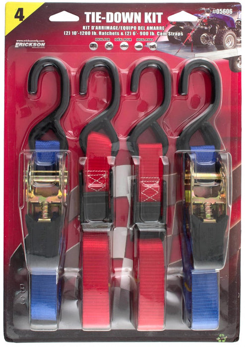 Erickson (447) 05606 4 Pk. 2 Pc. 1"x10' 1200 lb Ratchet Straps/ 2 Pc. 1"x6' 900 lb Cam Straps