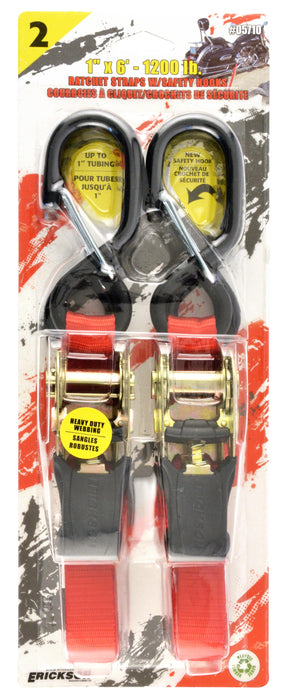 Erickson 05710 1"x6' 1200 lb HD Motorcycle Strap w/ Safety Hks Red