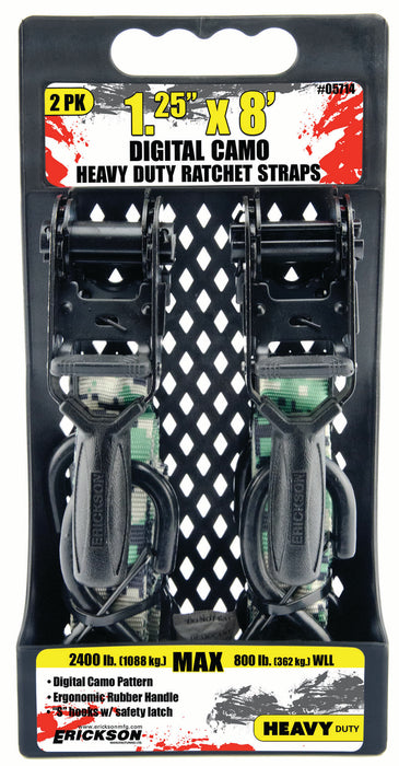 Erickson (447) 05714 2 Pk. 1.25" x 8' 2400 lb Ratchet w/Built in Soft Tie, 'S' Hks w/ Keeper All Blk Hdwe, Digital Green CAMO