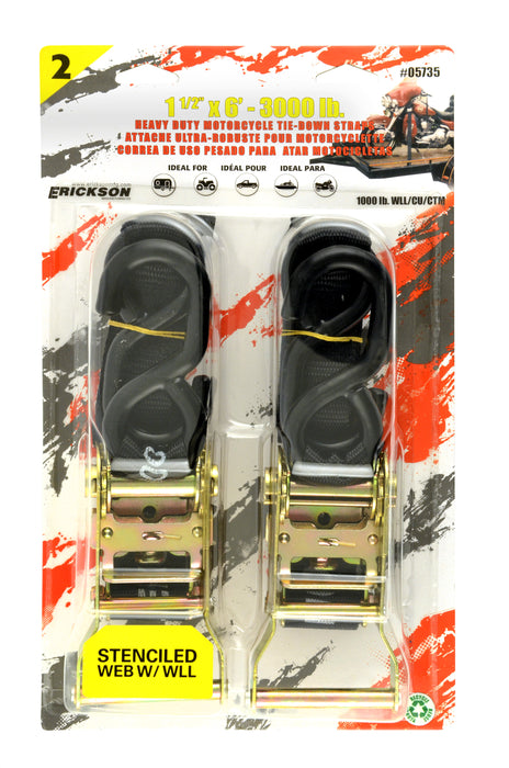Erickson 05735 2 Pk. 1 .5"x6' 3000 lb HD Motorcycle Ratchet Strap - Black