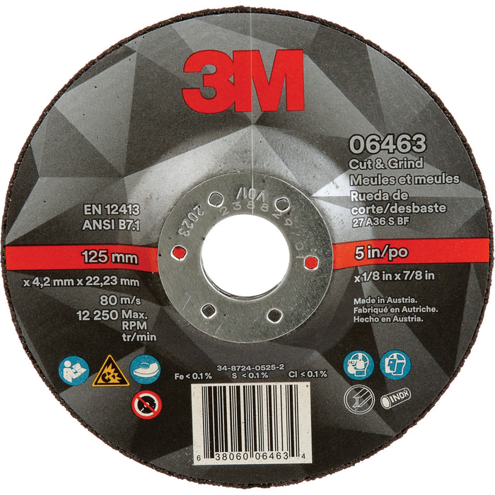 3M 06463 3M™ Cut & Grind Wheel 06463, T27, 5 in x 1/8 in x 7/8 in (127 mm x 3.2 mm x 22.2 mm), 10/Inner, 20/Case, 3M Stock No.: 7100214086