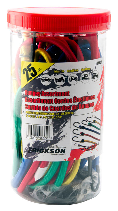 Erickson 06622 25 Pk. Jar Assortment of Bungee 10", 13", 18", 24", 30", 36" Red/Blue/Green/Yellow