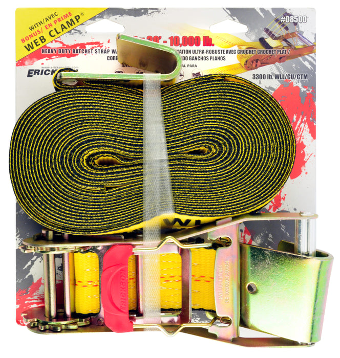 Erickson 08500 2"x30' 10,000 lb Long Handle Ratchet w/ Flat Hks w/ Bonus Web Clamp