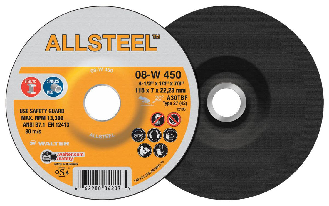 Walter (365) 08W450 ALLSTEEL™ Grinding Wheel 4-1/2" X 1/4" X 7/8" GRADE: A-30 PK 25