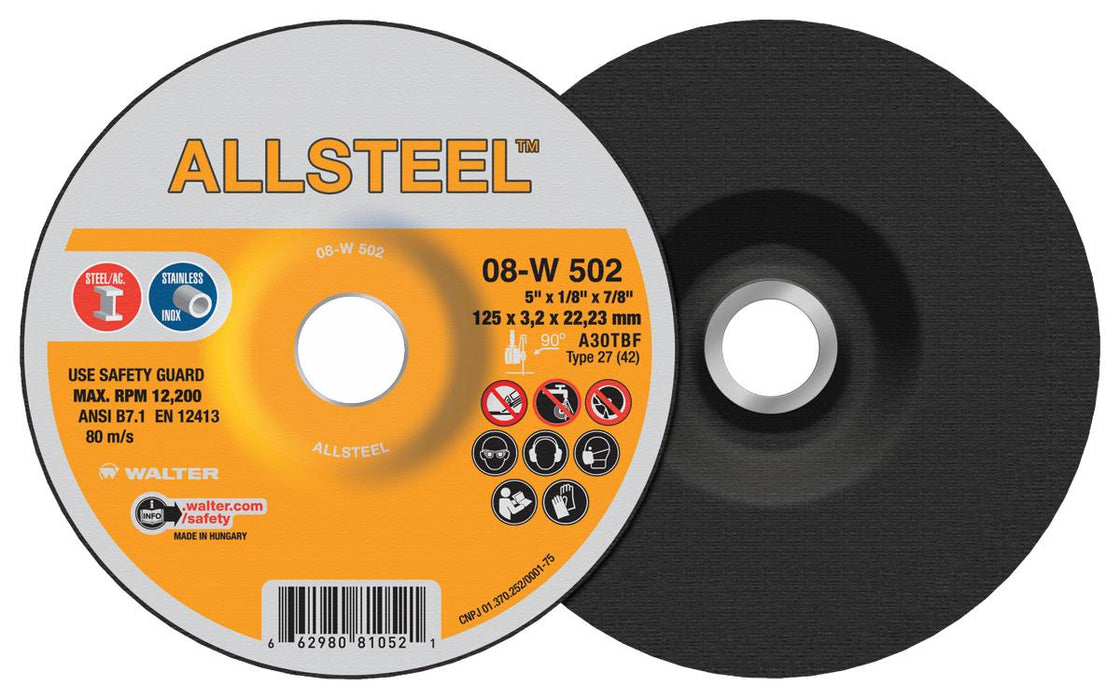Walter 08W502 ALLSTEEL™ Grinding Wheel 5 X 1/8" X 7/8" GRADE: A-30 PK 25