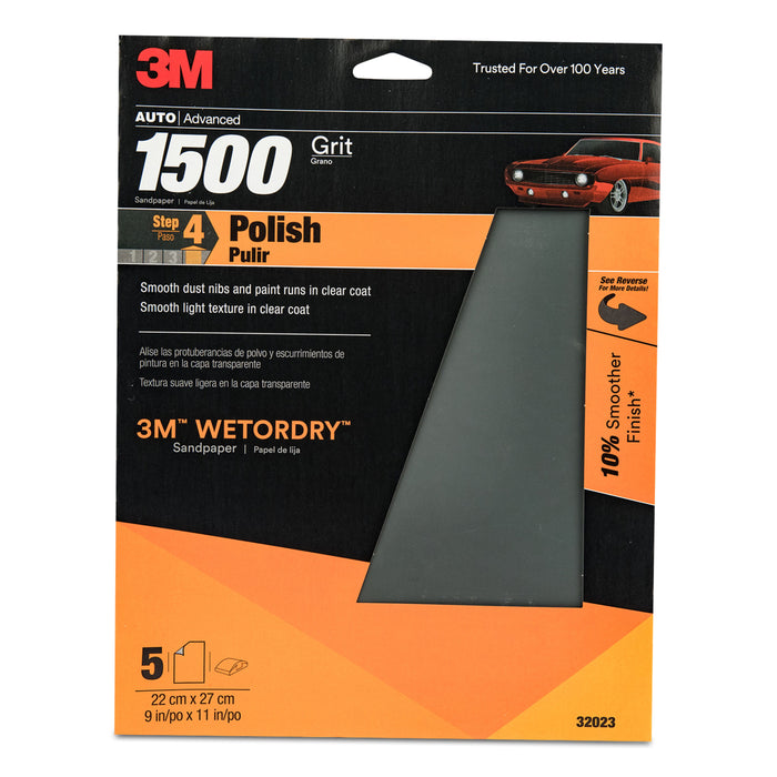 3M 32023 3M™ Wetordry™ Sandpaper, 32023, 1500 Grit, 9 in x 11 in, 5 per pack, 20 per case, Colour: Gray, 3M Stock No. 7010300639