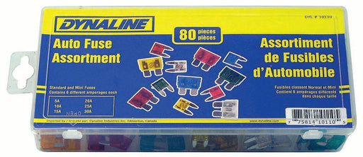 Dynaline 10110 Auto Fuse Assortment, 80 Pcs / 6 sizes. Std & Mini