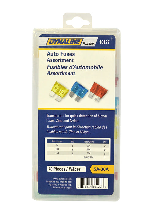 Dynaline 10127 Auto Fuse Assortment, 49 Pcs (std)/6 Sizes+Safety Clip