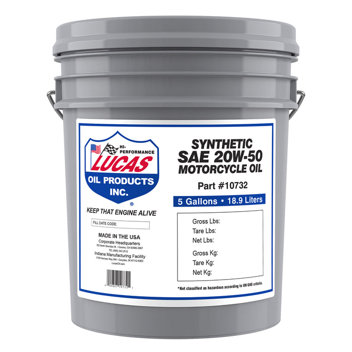 Lucas Oil (345) 10732 Synthetic SAE 20W-50 Motorcycle Oil, 5 Gallon / 18.9 L Pail