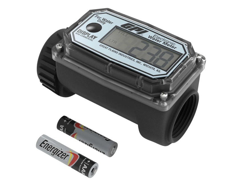 GPI (504) 113255-5 GPI 1 Inch NPT Turbine Flow Meter, Battery Powered Display, Nylon Body for Water (UOM Litres)