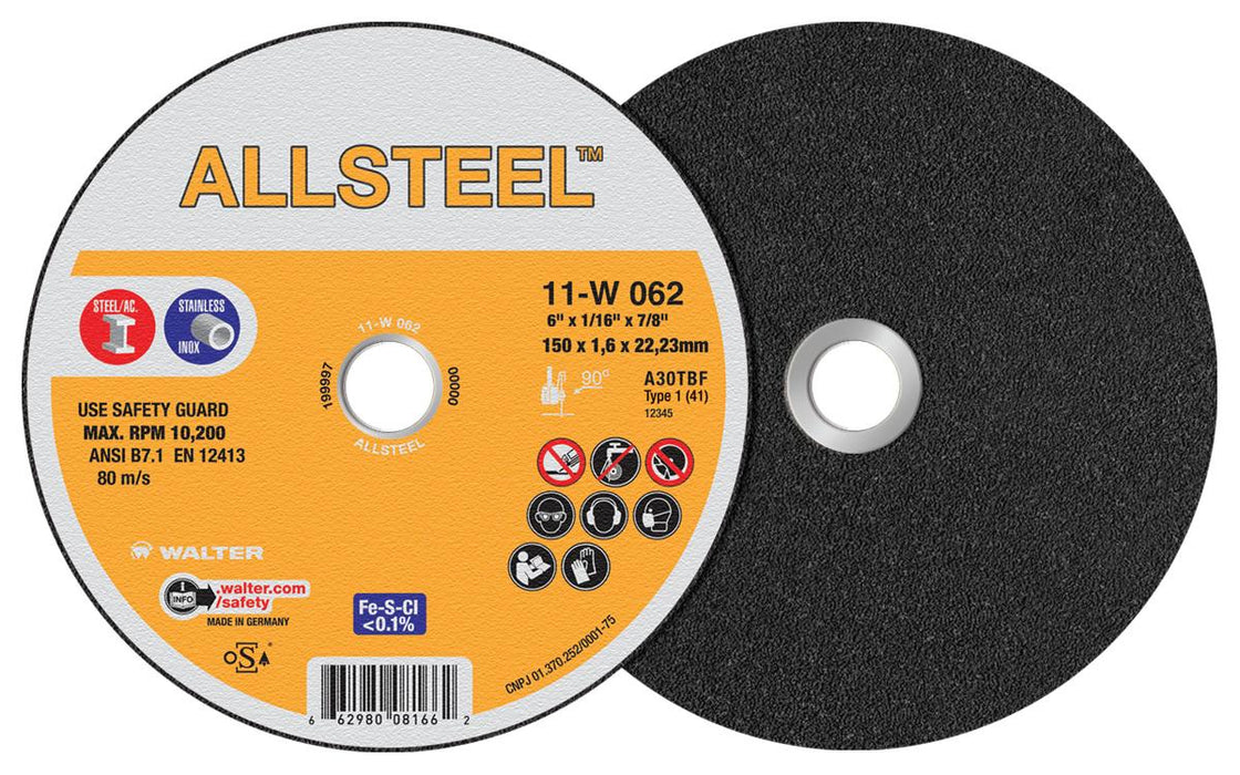 Walter 11W062 ALLSTEEL™ CUT-OFF WHEEL 6 X 1/16" X 7/8" T1 PK 25