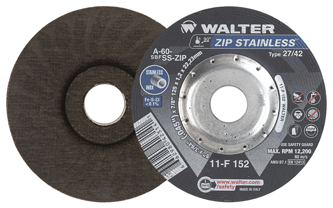 Walter (365) 11F152 ZIP STAINLESS™ 5" X 3/64" X 7/8" TYPE 27 GRADE: A-60-SS-ZIP TYPE 27 PK 25