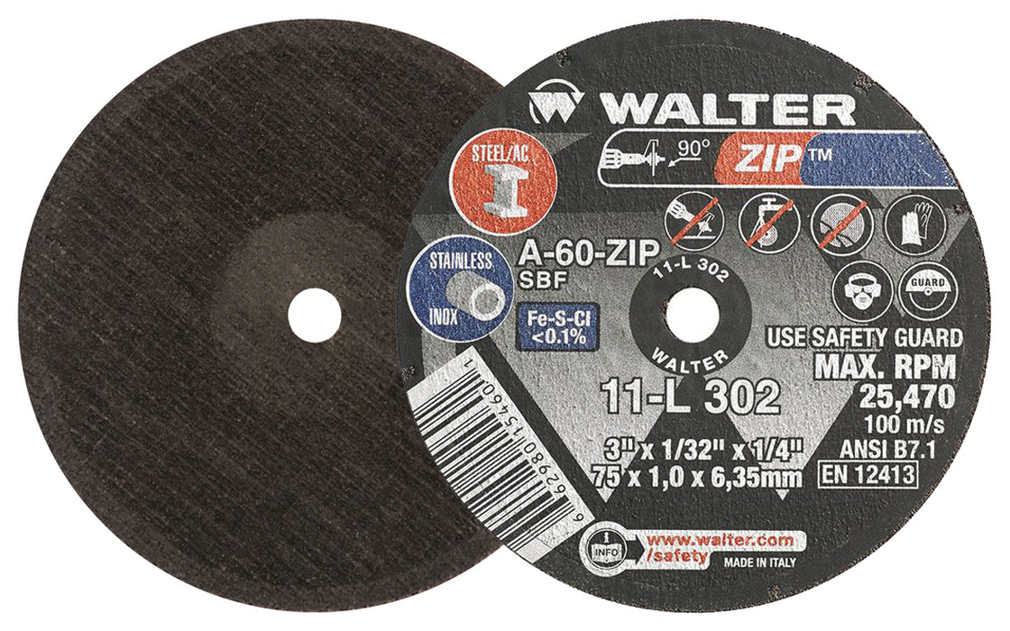Walter (365) 11L302 ZIP™ CUT-OFF WHEEL 3" X 1/32" X 1/4" TYPE 1 GRIT: A-60-ZIP PK 25