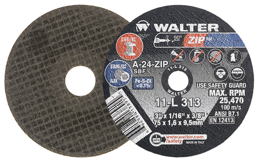 Walter 11L313 ZIP™ CUT-OFF WHEEL 3" X 1/16" X 3/8" TYPE 1 GRIT: A-24-ZIP PK 25