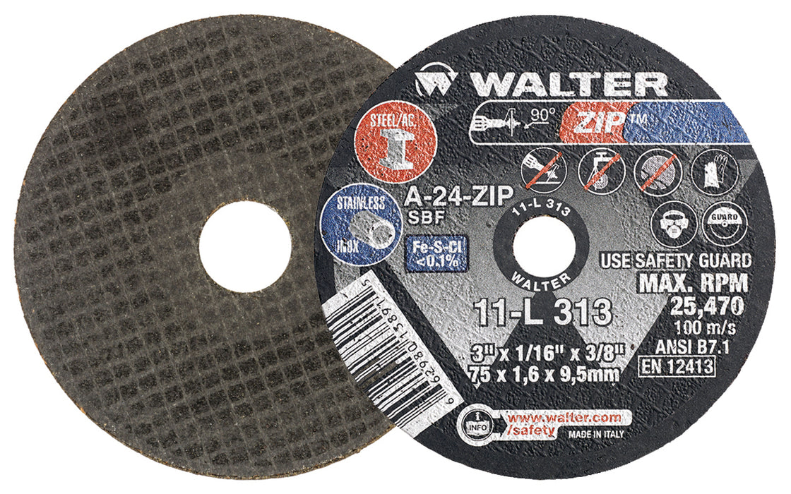 Walter (365) 11L313 ZIP™ CUT-OFF WHEEL 3" X 1/16" X 3/8" TYPE 1 GRIT: A-24-ZIP PK 25