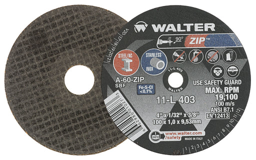 Walter 11L403 ZIP™ CUT-OFF WHEEL 4 X 1/32" X 3/8" TYPE 1 GRIT: A-60-ZIP PK 25