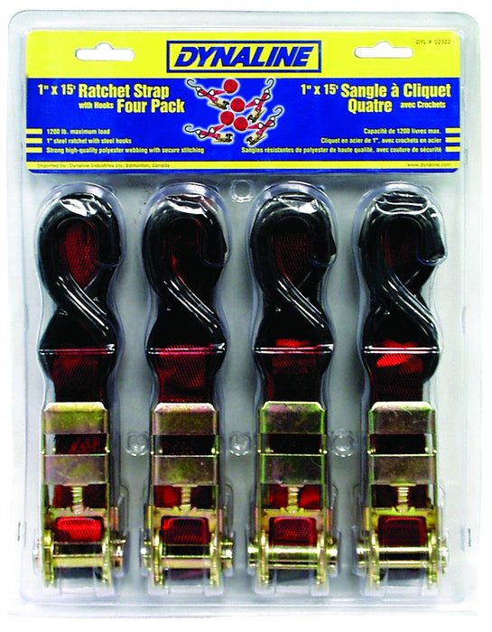 Dynaline (378) 12321 Ratchet Straps 1 x 15' 4-Pack, Medium Duty. 1200 lb. Red