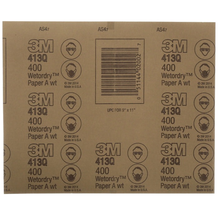 3M 02002 3M™ Wetordry™ Tri-M-ite™ Sheet, 413Q, 02002, 400, A-weight, 9 in x 11 in (22.86 cm x 27.94), Colour: Black, 3M Stock No. 7000000318