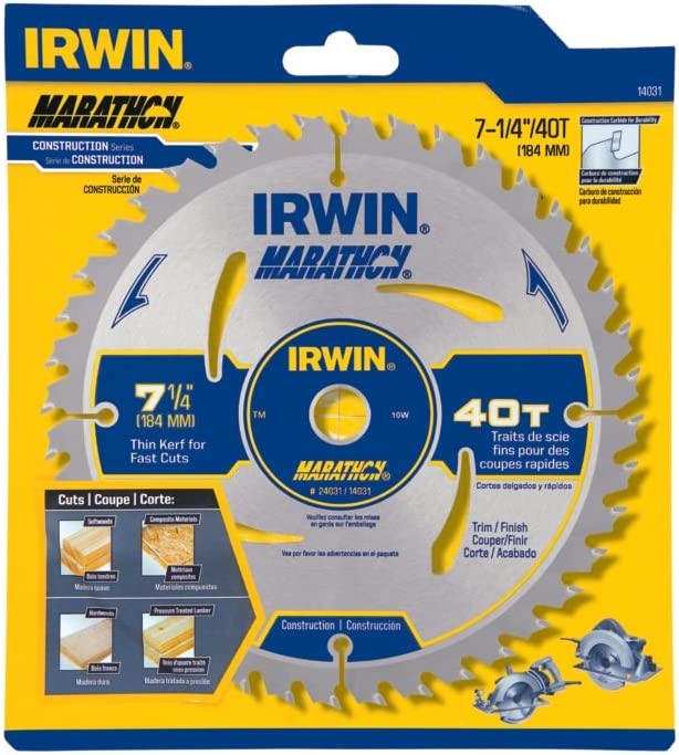 Irwin (928) 14031 IRWIN MARATHON Portable Corded Circular Saw Blade, 40T, 7-1/4-inch (14031)
