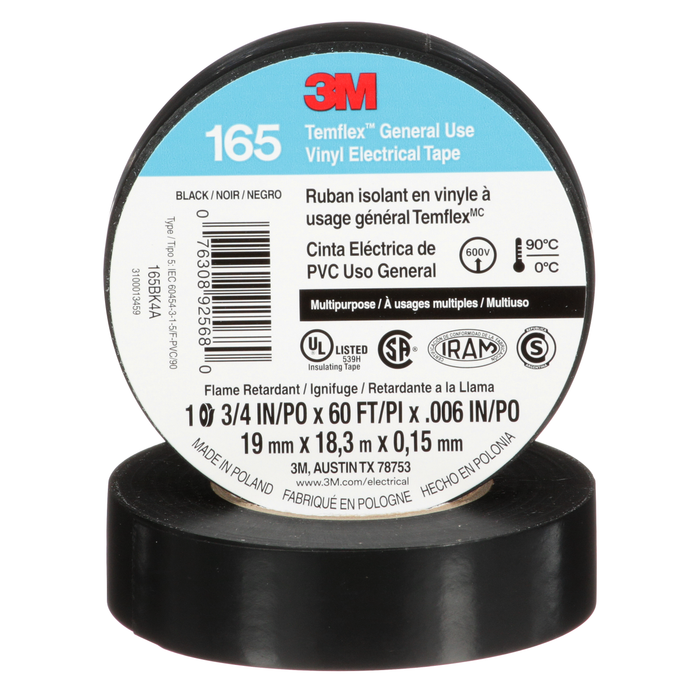 3M (815) 165BK4A 3M™ Temflex™ General Use Vinyl Electrical Tape, Black, 3/4 in x 60 ft (19 mm x 18 m), 6 mil (0.15 mm), 100 Rolls/Case, 3M Stock No. 7100169254