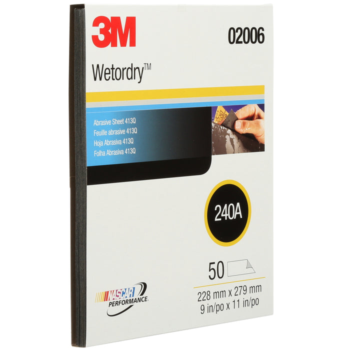 3M 02006 3M™ Wetordry™ Tri-M-ite™ Sheet, 413Q, 02006, 240, A-weight, 9 in x 11 in (22.86 cm x 27.94), Colour: Black, 3M Stock No. 7000118294