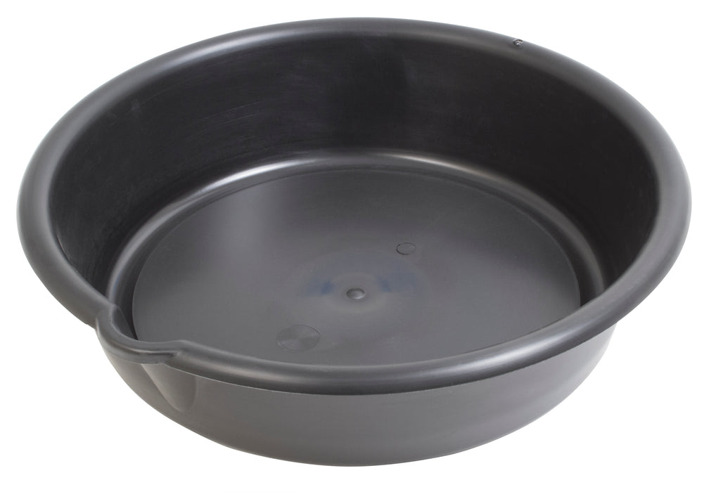 Lisle (371) 17932 Plastic drain pan with pour spout. The pan is 4" deep, 14" wide to the spout.