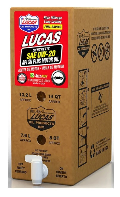 Lucas Oil 18003 22.7L Box/6 Gallon BIB - Synthetic SAE 0W-20 Motor Oil API SN Plus/Dexos Motor Oil