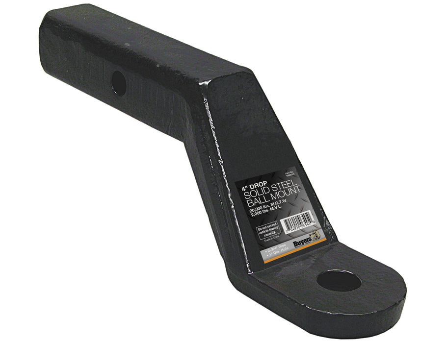Buyers Products (577) 1803055 2 Inch Heavy-Duty Ball Mount 4 Inch Drop x 7-7/8 Long Tube Black For 1 Inch Hole