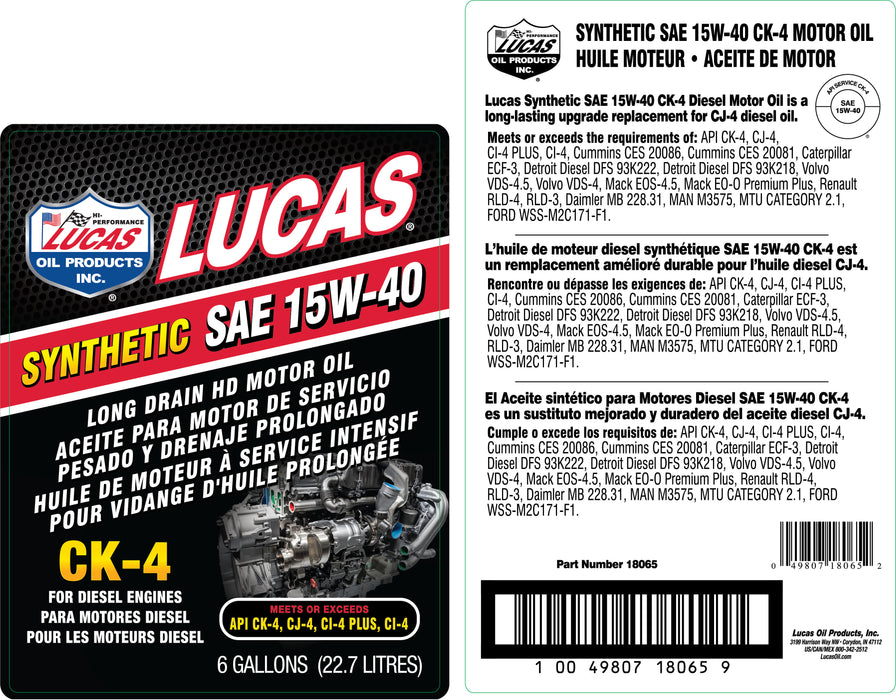 Lucas Oil (345) 18065 22.7L Box/6 Gallon BIB - Synthetic SAE 15W-40 CK-4 Truck Oil