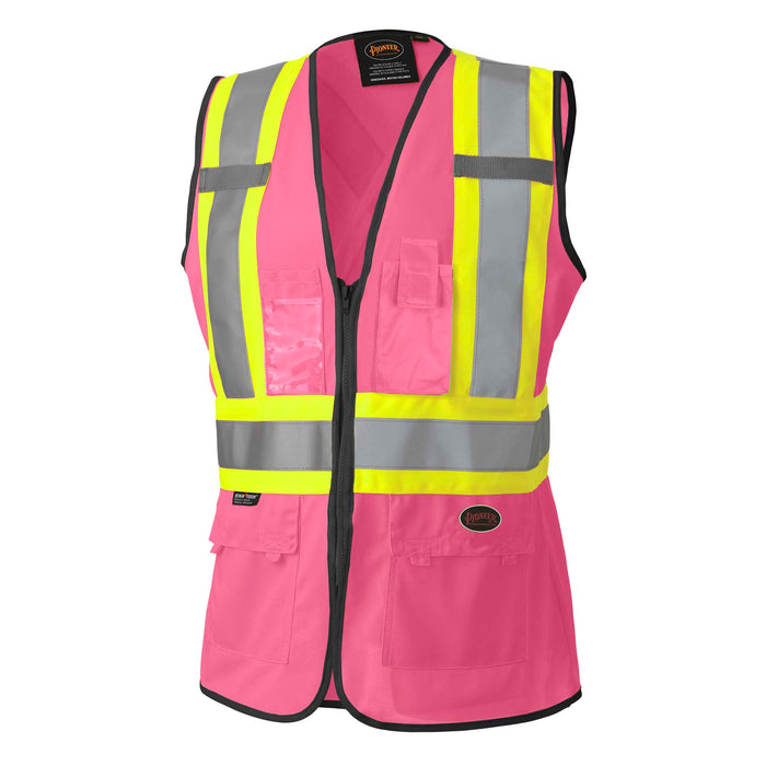 SureWerx V1021840-M PIONEER Women's Hi-Vis Tricot Poly Interlock Safety Vest - Zipper Closure - Pink - M - Model Number 139PK