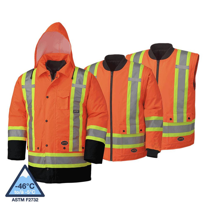 SureWerx (545) V1120151-L PIONEER Hi-Vis 7-in-1 Parka - 100% Waterproof - Detachable Hood - Hi-Vis Orange - L - Model Number 5020BB