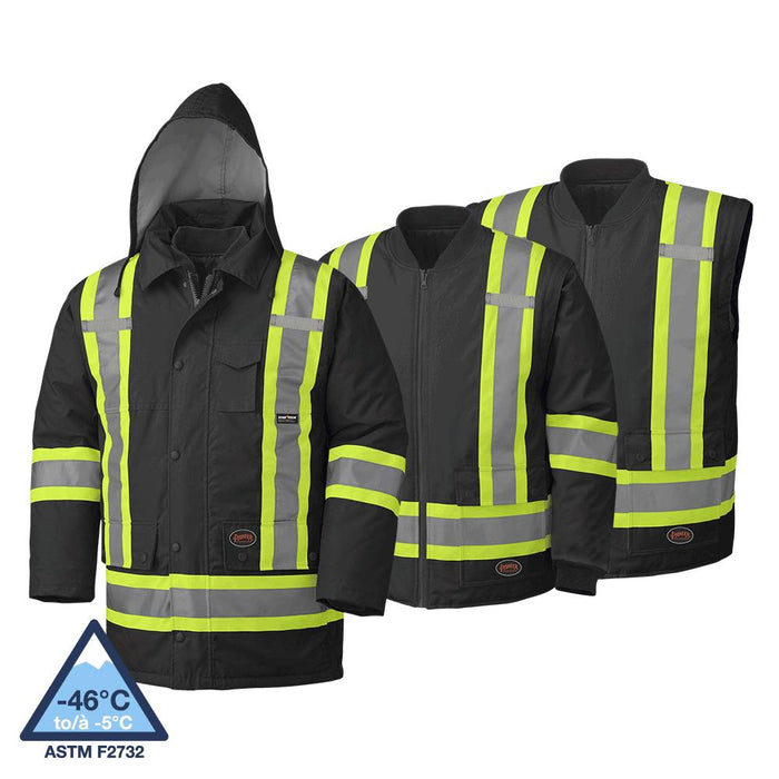SureWerx (545) V1120470-XL PIONEER Hi-Vis 7-in-1 Parka - 100% Waterproof - Detachable Hood - Black - XL - Model Number 5025