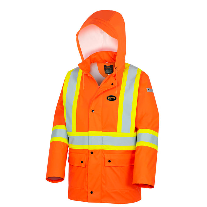 SureWerx (545) V3520550-M PIONEER Hi-Vis Flame-Resistant Waterproof PU Stretch Jacket w/Pockets - Hi-Vis Orange - M - Model Number 5892PKT