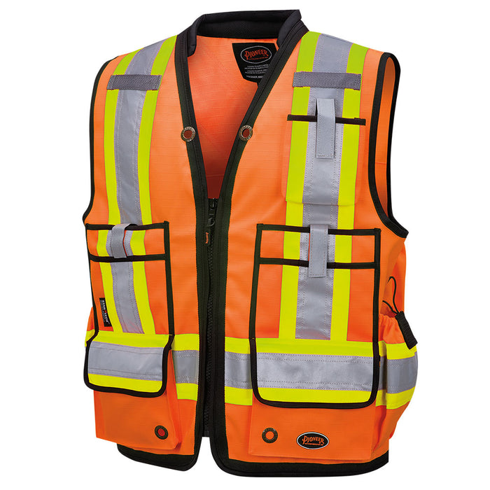 SureWerx (545) V1011150-M PIONEER Hi-Vis 1200D Oxford Poly Surveyor's Safety Vest - Zipper Closure - Hi-Vis Orange - M - Model Number 6676