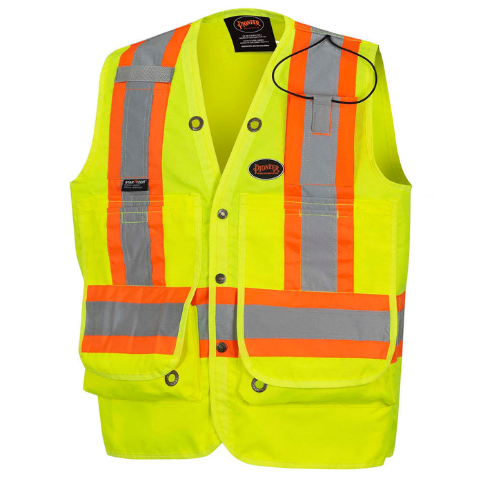 SureWerx (545) V1010340-XL PIONEER Hi-Vis 600D PU-Coated Oxford Poly Surveyor's Safety Vest - Snap Closure - Hi-Vis Yellow/Green - XL - Model Number 6696