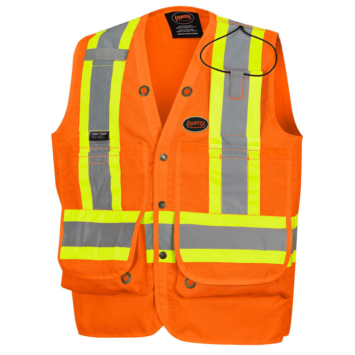 SureWerx V1010350-L PIONEER Hi-Vis 600D PU-Coated Oxford Poly Surveyor's Safety Vest - Snap Closure - Hi-Vis Orange - L - Model Number 6697