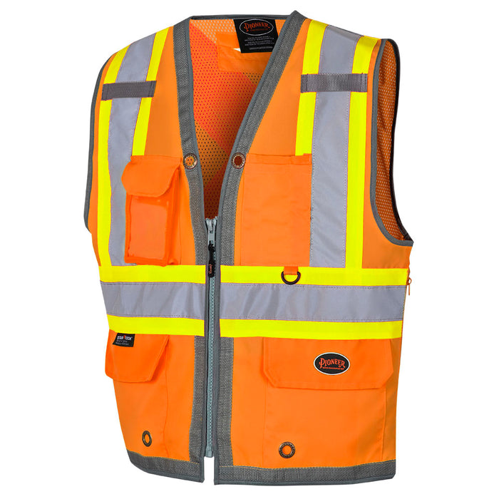 SureWerx V1010250-M PIONEER Hi-Vis 300D Oxford Poly Mesh Surveyor's Safety Vest - Mesh Back- Zipper Closure - Hi-Vis Orange - M - Model Number 6672