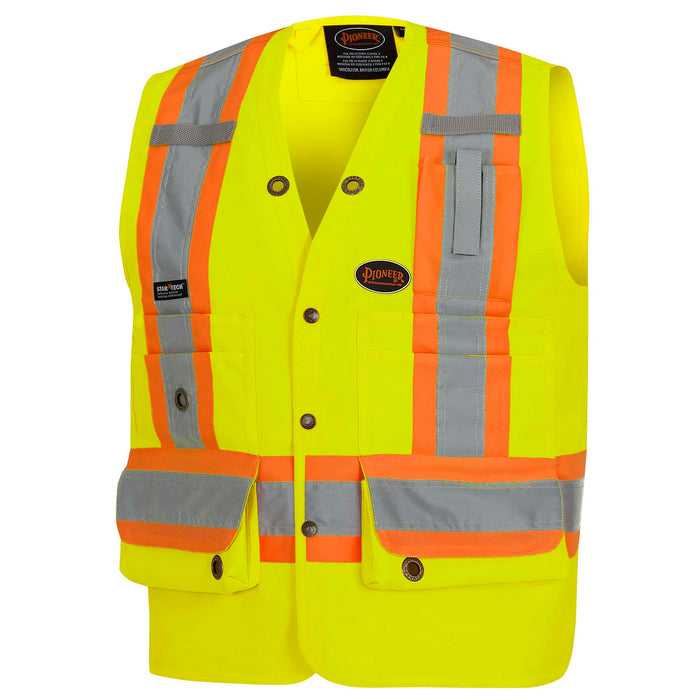 SureWerx (545) V1010140-M PIONEER Hi-Vis 150D Poly Twill Surveyor's Safety Vest - Snap Closure - Hi-Vis Yellow/Green - M - Model Number 6693