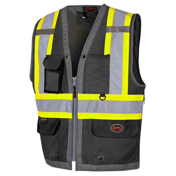 SureWerx (545) V1010270-XL PIONEER Hi-Vis 300D Oxford Poly Mesh Surveyor's Safety Vest - Mesh Back- Zipper Closure - Black - XL - Model Number 6671